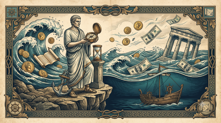Classic Stoic engraving illustration depicting a philosopher with a compass navigating the rough stormy sea of capitalism.