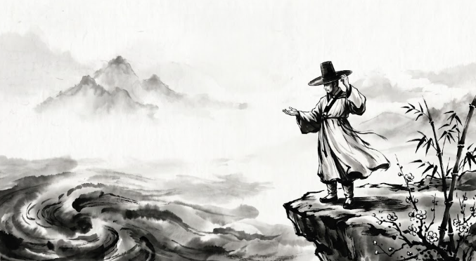 A traditional Korean scholar (Seonbi) in a gat and hanbok standing firm on a rocky cliff, gazing at a turbulent sea of clouds, with bamboo and plum blossoms in black and white ink wash painting style.