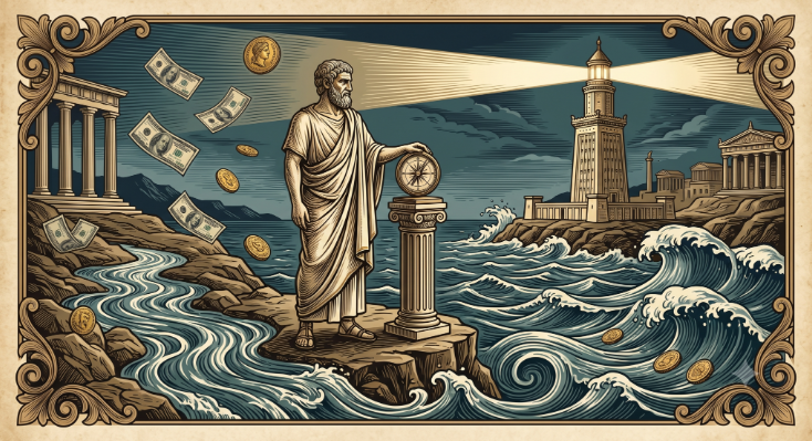 Classic Stoic engraving illustration depicting a steadfast philosopher and lighthouse amid constantly changing ocean waves.