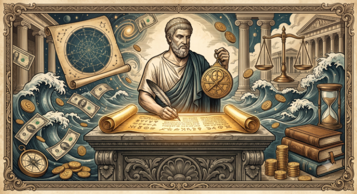 Classic Stoic engraving illustration depicting a philosopher defining purpose and order onto chaotic capital using an astrolabe and scroll.