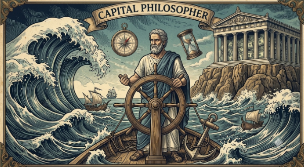 A classical woodcut-style illustration of a Greek philosopher holding a compass and scroll map on a cliff, calmly facing a massive wave of capitalism filled with floating dollar bills, gold coins, and broken columns.