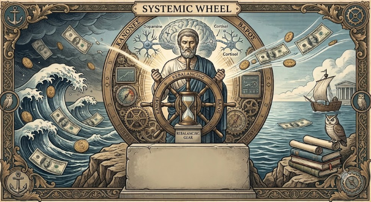 A philosopher steering a mechanical rebalancing wheel, controlling dopamine and cortisol in the stormy sea of capitalism
