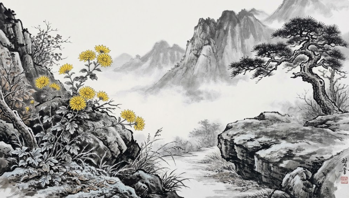 Traditional oriental ink wash painting of yellow chrysanthemums blooming on rocky cliffs with pine tree and misty mountains