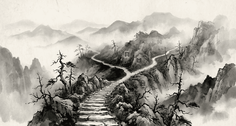 Stone path through misty mountains, I Ching symbols