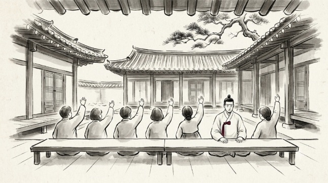 한쪽 팔을 든 사람들 사이에서 두 손을 탁자에 올려놓고 앉아 있는 한 남자의 뒷모습을 그린 수묵화